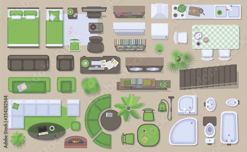 Icons set of interior (top view). Isolated Vector Illustration. Furniture and elements for living room, bedroom, kitchen, bathroom. Floor plan (view from above). Furniture store.