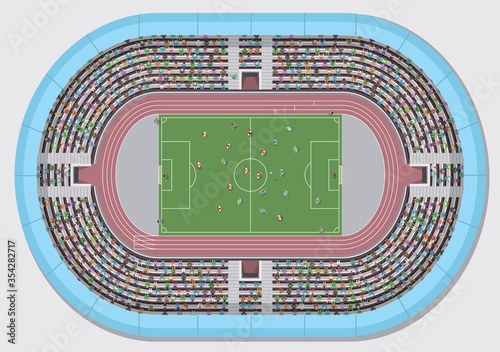 Stadium view from above.
Football field view from above.
Fans in the stands watching the match.