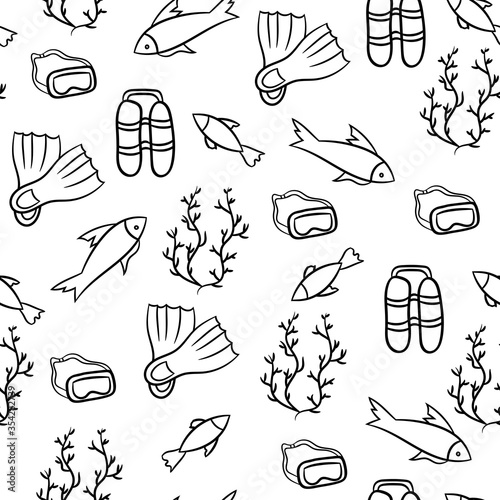 Summer seamless pattern in Doodle style on a white background with scuba, flippers and fish in the sea. Abstract infinite texture.Vector illustration. Design for travel and beach holidays.