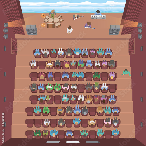 Vector illustration. Theatre hall with spectators. (top view)
Band performs on stage, music concert. (view from above)