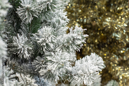 A branch of a fake Christmas tree in hoarfrost, snowy fir needles. Festive Christmas background for design. © OlgaKorica