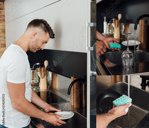 collage of handsome man in white t-shirt washing plate, frying pan and holding sponges near wet glass