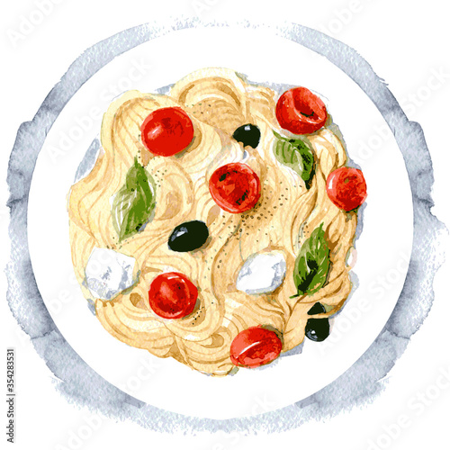 Delicious pasta with olives, mozzarella and tomatoes. Italian cuisine. The view from the top. Vector