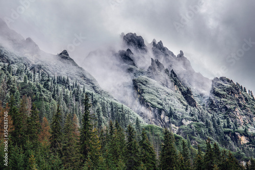 Foggy mountains in the spring. Tatra Mountains with green forest and the fog. Spiritual and mysterious photography. Beautifull landscape in Poland. 