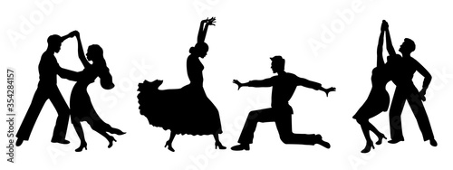 Set of silhouettes of doubles spanish, latin american and ballroom dancers. Dancing couple of people. Dancing men and women