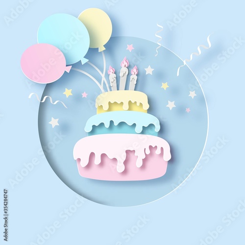 Birthday cake with cream, burning candles and balloons. Greeting card in paper cut out style. Carving art. Vector illustration, pastel colors 