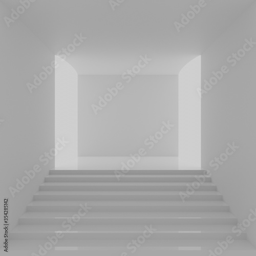 Abstract white 3d corridor with stairs  3d render illustration