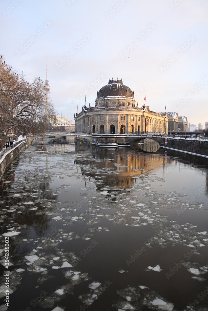 Over the frozen river Spree in Berlin
