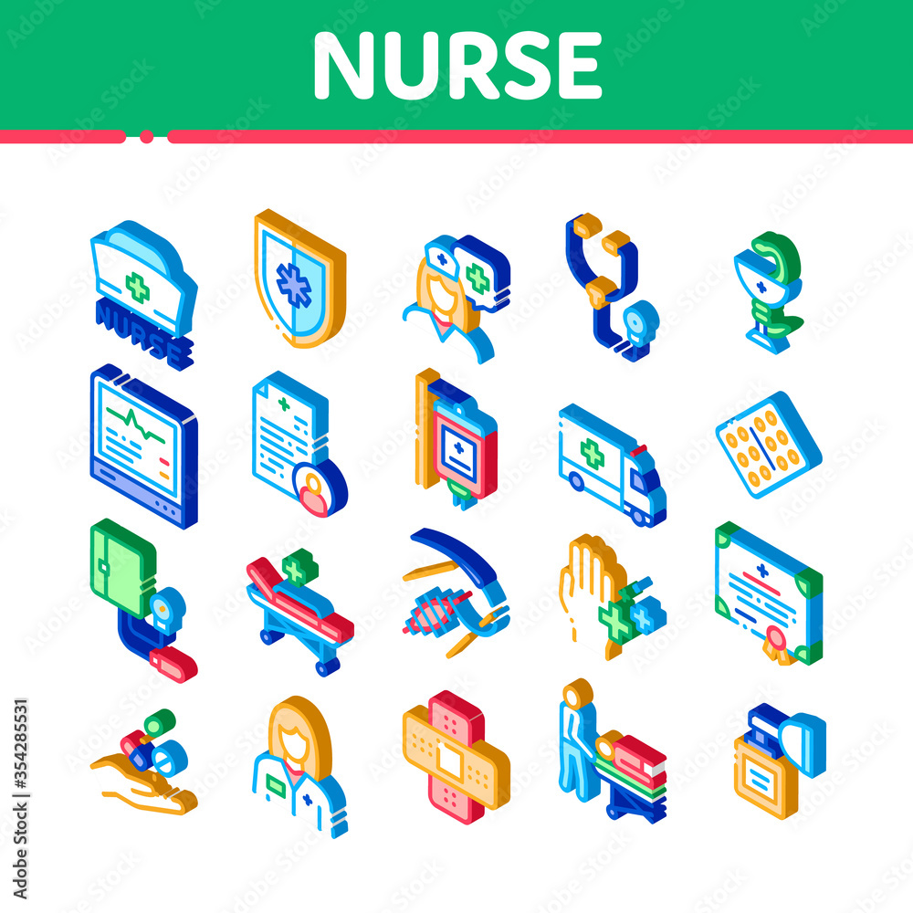 Nurse Medical Aid Icons Set Vector. Isometric Nurse Hat And Stethoscope, Pulse Cardiogram And Patch, Suturing Wounds And Inhaler Illustrations