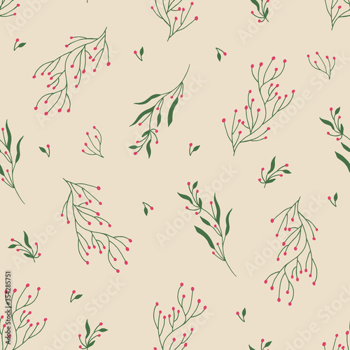 Floral seamless pattern with flowers and branches with leaves.