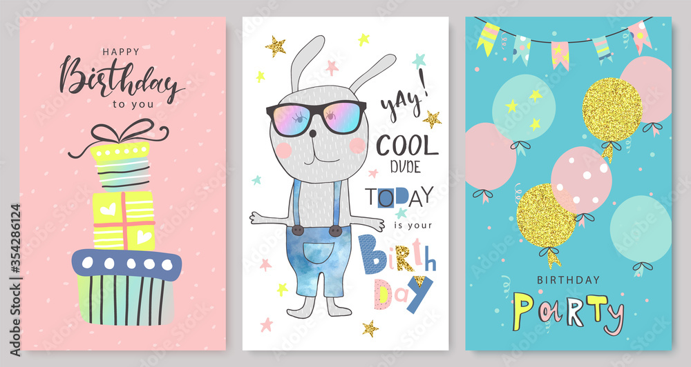 Fototapeta premium Happy birthday greeting cards and party invitation templates, hand drawn style.Vector illustration.