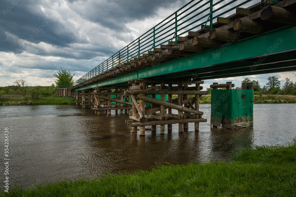 Longest wooden bridge over the Pilica river in Gostomia, Poland