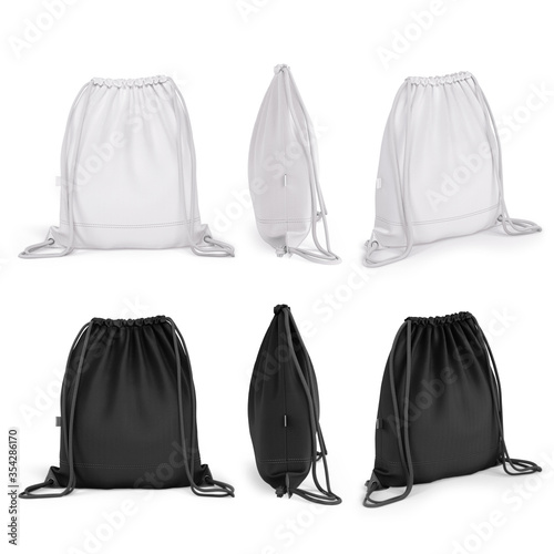 Backpack bag is white and black color. Template for logo, branding, design. Front, side view, 3/4. 3D realistic detailed mockup illustration isolated on a white background.