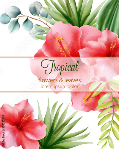 Red hibiscus. Palm leaves. Tropical flowers and leaves with place for text