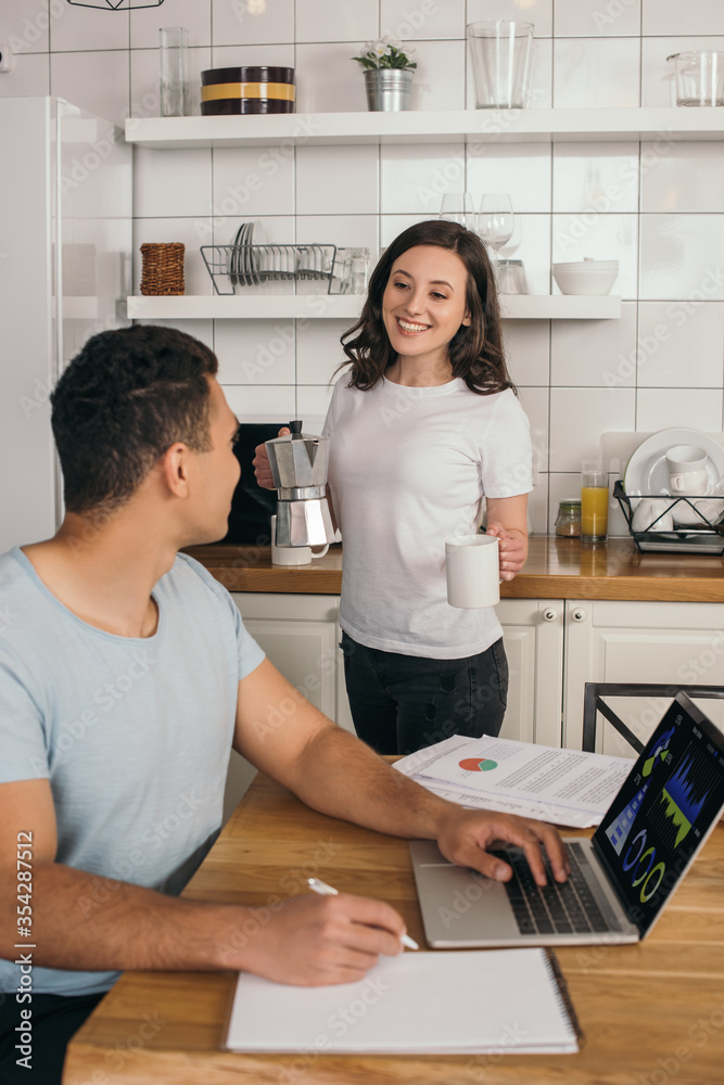 selective focus of cheerful girl holding coffee pot and cup near mixed race man, laptop with charts and graphs selective focus of cheerful girl holding coffee pot and cup near mixed race man, laptop with charts and graphs
