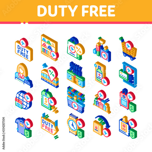 Duty Free Shop Store Icons Set Vector. Isometric Duty Free Nameplate And Product, Bag And Label, Perfume And T-shirt, Credit Card And Cart Illustrations
