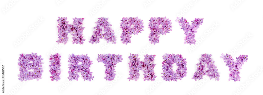Happy Birthday - The text is made up of lilac flowers. Congratulation, header, postcard.