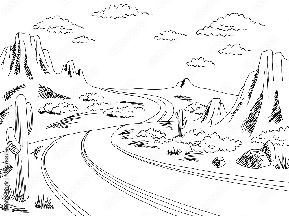 Obraz premium Prairie road graphic black white landscape sketch illustration vector