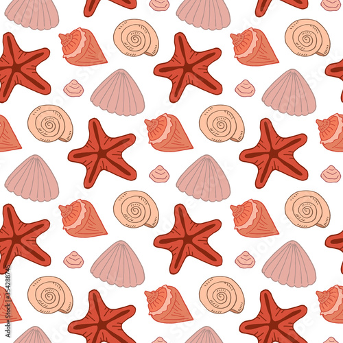 Seamless pattern with beautiful sea shells and starfish on white background. Vector image.
