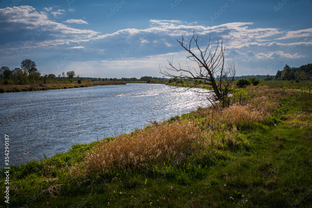 Pilica river at cloudy day near Gostomia, Mazowieckie, Poland