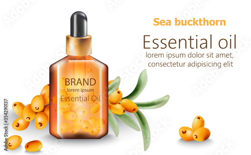 Bottle of sea buckthorn essential oil with place for text
