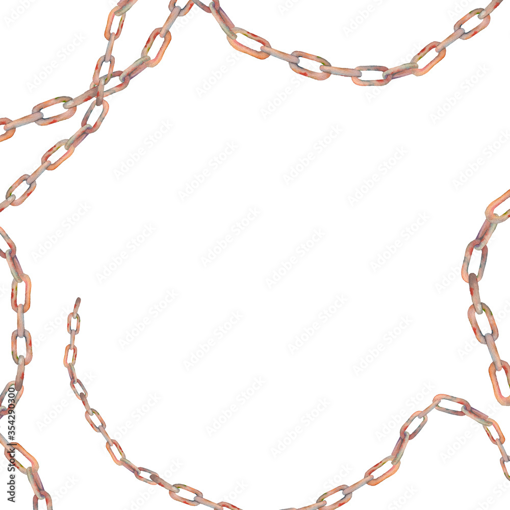 Naklejka premium Watercolor rusty chain frame. Nautical card design