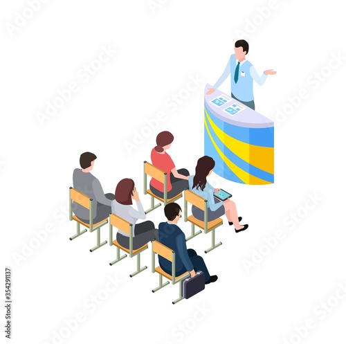 Business training. Coach on tribune, 3d people learning or listen presentation. Isometric man woman students vector character. Business training, man on tribune hold seminar illustration