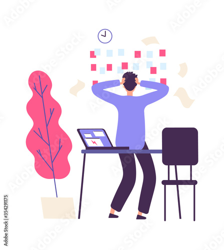 Deadline and manager. Unorganized working process. Flat style man at work in office lot tasks. Business schedule fail and upset guy vector illustration. Deadline work, manager business office worker