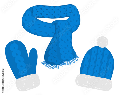 Set of winter hat with pompom scarf and mittens accessories with ornament vector illustration