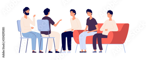 Man club. Group psychotherapy, flat male characters. Emotional support and protect, friendship. Isolated psychologist consulting boys vector illustration. Characters male with problems meeting session