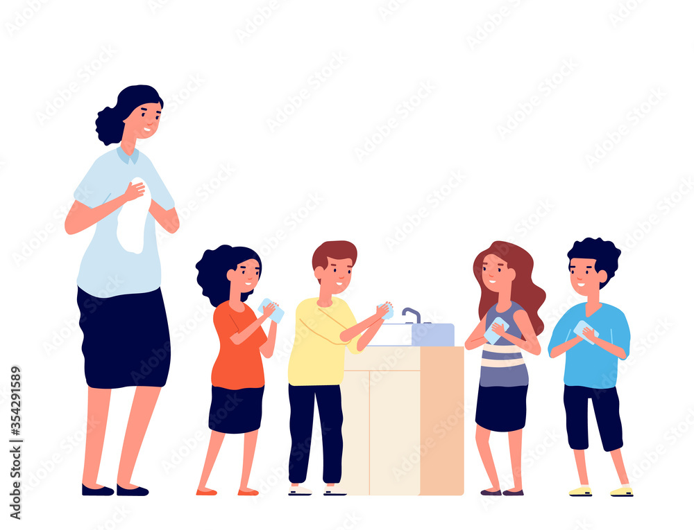 Obraz premium Children washing hands. School kids clean dirty hand in sink. Virus or germs protecting, woman girls and boys hygiene vector illustration. Child hygiene with soap, kids wash hands