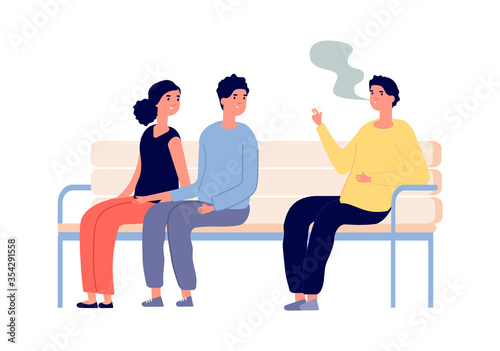 Smoking in public place. Man smoker, couple are passive smokers. Drug or nicotine addiction, people with bad habit. Relaxed guy vector character. Public smoke, smoker addiction unhealthy