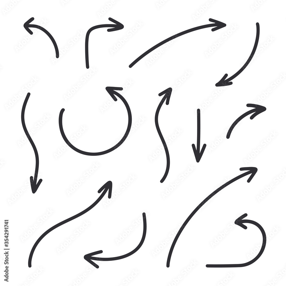 Black arrows. Hand drawn arrows. Vector arrows set. Hand drawn arrows set. Vector illustration. Direction indicator. Path designation. Black arrows. Hand drawn arrows. Vector arrows set. Hand drawn arrows set. Vector illustration. Direction indicator. Path designation.