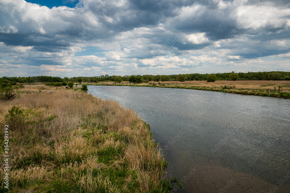 Pilica river at cloudy day near Gostomia, Mazowieckie, Poland