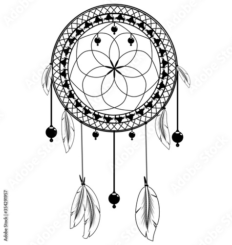 vector illustration white and black colored image of dreamcatcher with feathers