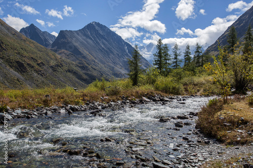 Mountain stream against the backdrop of Belukha Mountain in the Altai Republic.