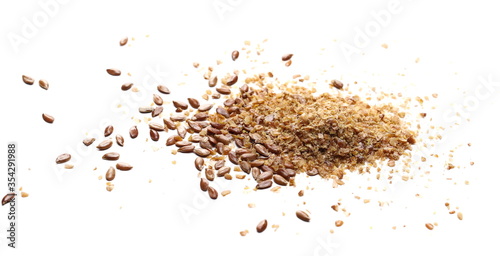 Milled flaxseed, linseed pile isolated on white background