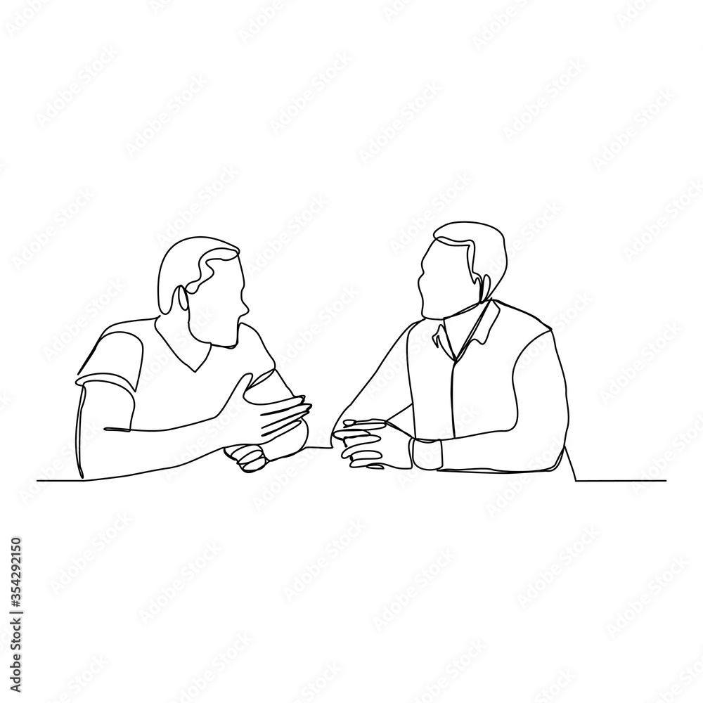 Continuous line drawing of two business men talking about job. Vector illustration Continuous line drawing of two business men talking about job. Vector illustration