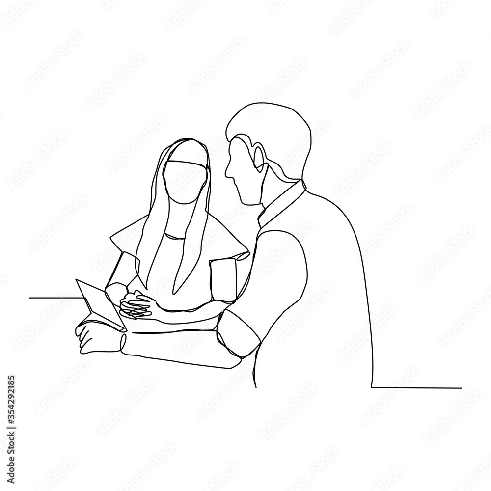 Continuous line drawing of two employee man and woman discussion work. vector illustration Continuous line drawing of two employee man and woman discussion work. vector illustration