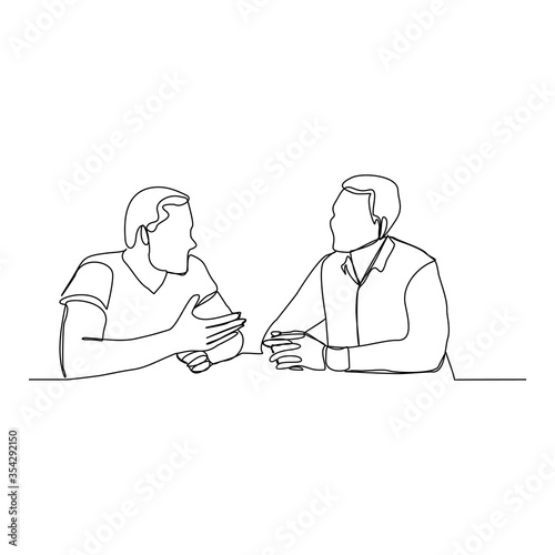 Continuous line drawing of two business men talking about  job. Vector illustration