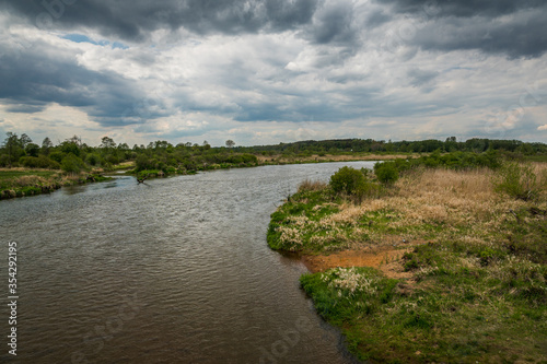 Obraz na płótnie Pilica river at cloudy day near Gostomia, Mazowieckie, Poland w salonie
