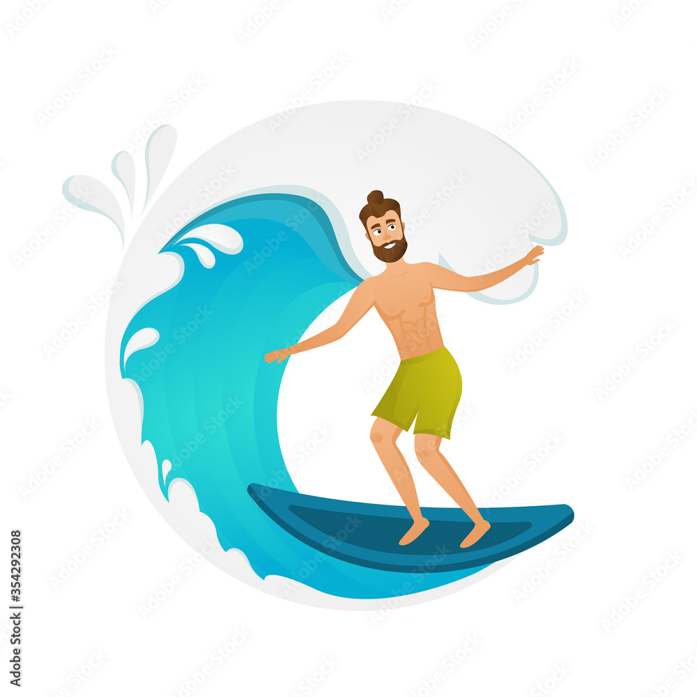 Surfer on wave. Cartoon character. Surfing illustration.