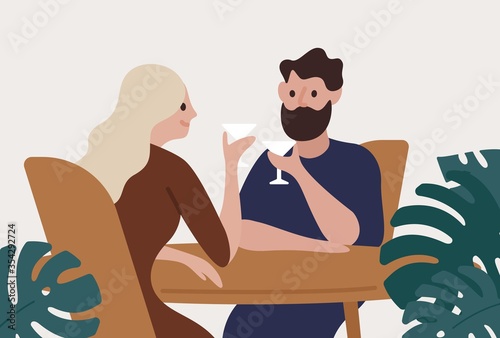Happy couple drinking cocktails at bar vector flat illustration. Smiling man ...