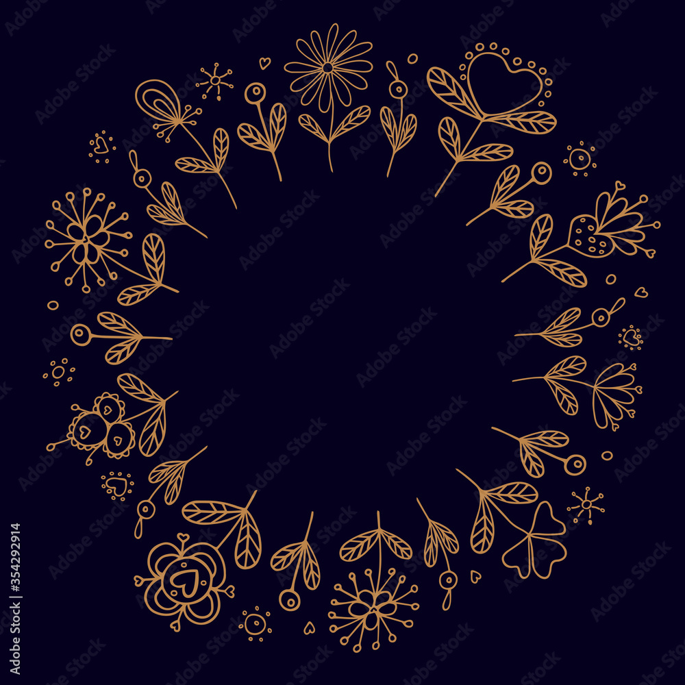 A wreath of stylized flowers, twigs, herbs. Hand drawn line. Image for your decor and design. Vector illustration. Decoration. Gold and blue color. Copy space. Place for inscription. A wreath of stylized flowers, twigs, herbs. Hand drawn line. Image for your decor and design. Vector illustration. Decoration. Gold and blue color. Copy space. Place for inscription.