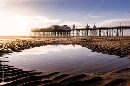 Blackpool`s North Pier viewed from the beach as the sun is setting