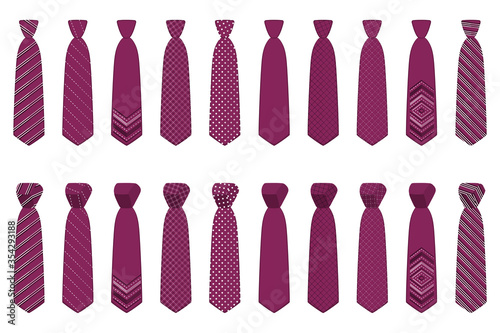 Illustration on theme big set ties different types, neckties various size