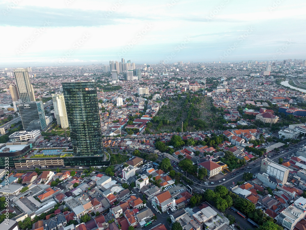 Jakarta Indonesia - June 3, 2020 : Aerial view from Jakarta, BNI Tower Jakarta Urban City of Indonesia. Cityscape Indonesia, Landmark of Jakarta