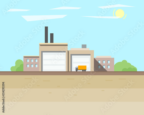 Industrial background with small factory and truck. Vector illustration.