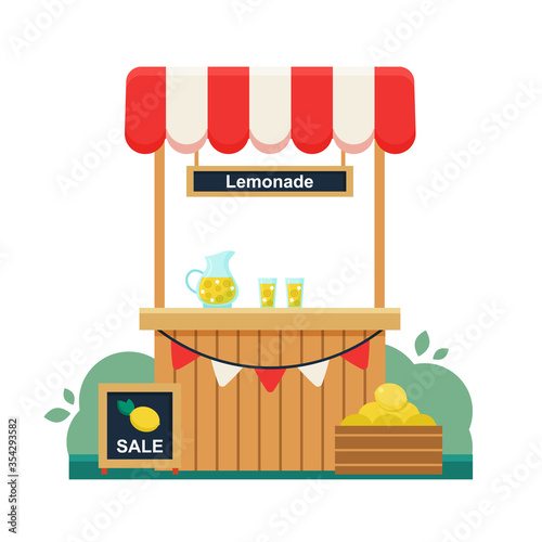 Lemonade stand. Sign for the sale of lemons. Summer cool drinks. Start-up business. Children vector illustration.