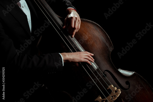 cropped view of male professional musician playing on contrabass isolated on black photo